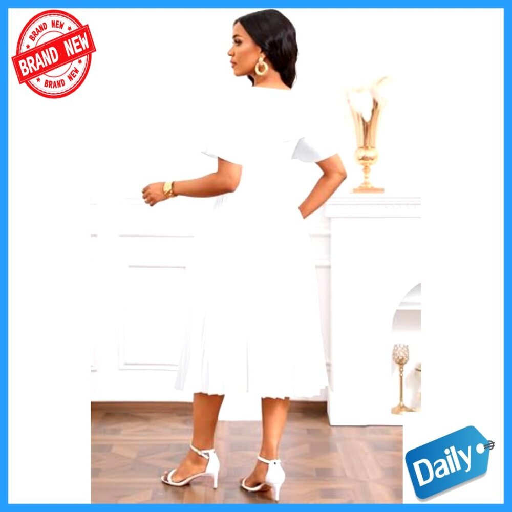 Pleated Midi Dress with Ruffles, V-Neck, Short Sleeve, Semi-Formal - Picture 5 of 7